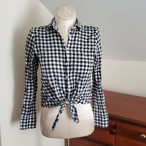 J.Crew Black & White Checkered Top Tie Front